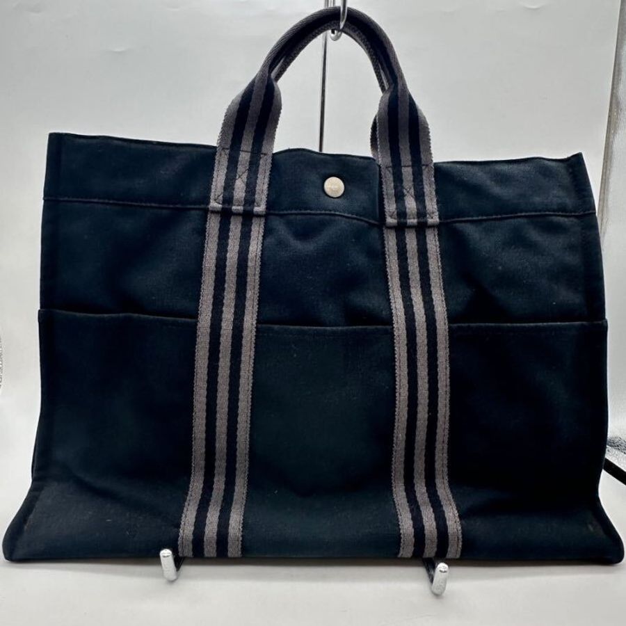 ⬛HERMES⬛狀況很好///黑色銀色線條手提帆布包-6