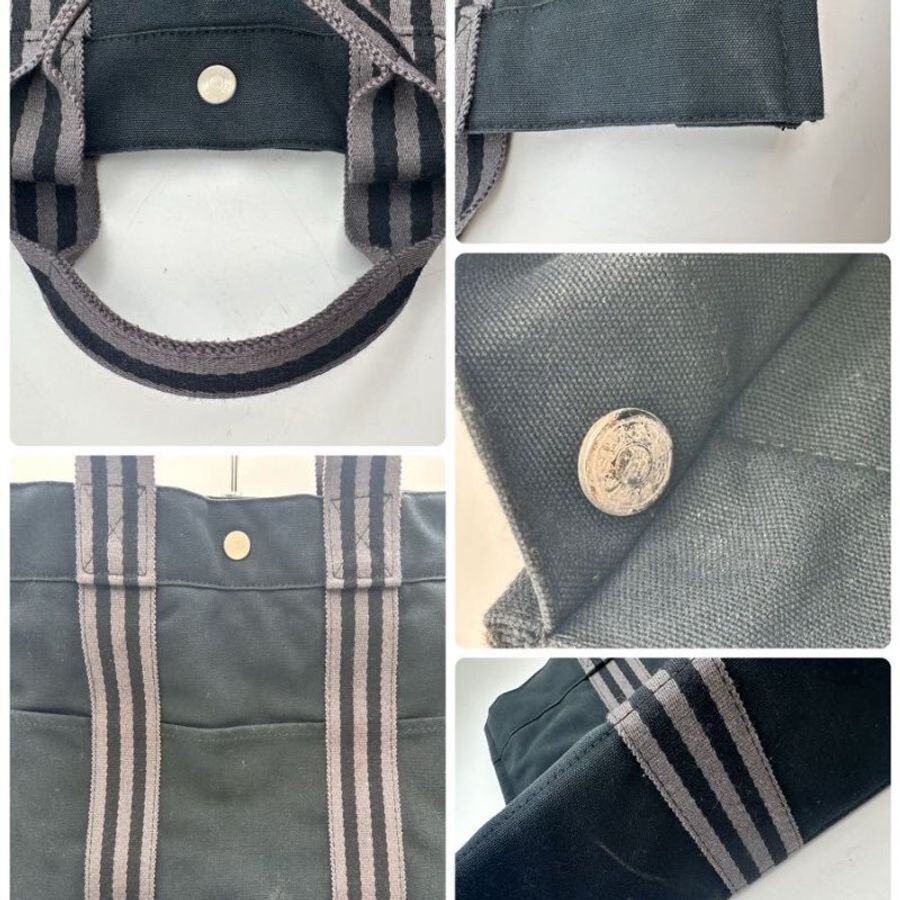 ⬛HERMES⬛狀況很好///黑色銀色線條手提帆布包-10