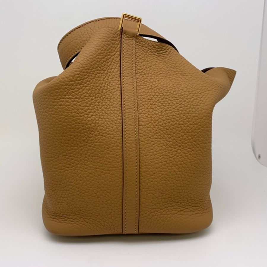 98新 Hermes/愛馬仕Picotin lock餅乾色荔枝皮手提包 金扣蔡籃子 22x19x17-9
