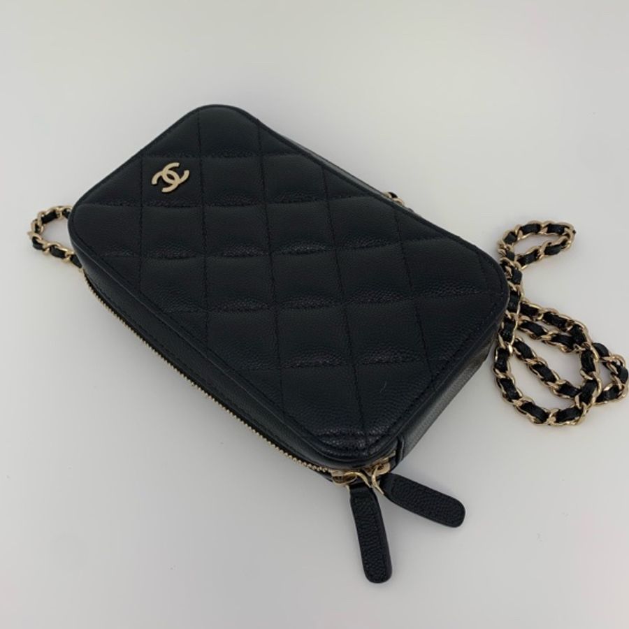 95新 Chanel/香奈兒 黑金菱格荔枝皮 豎款手機包10×4×17 可斜挎-9