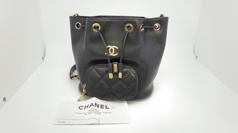 99新Chanel/香奈兒AS2353黑金魚子醬抽繩水桶包 單肩斜挎包 芯片款19*10*19(L)-0