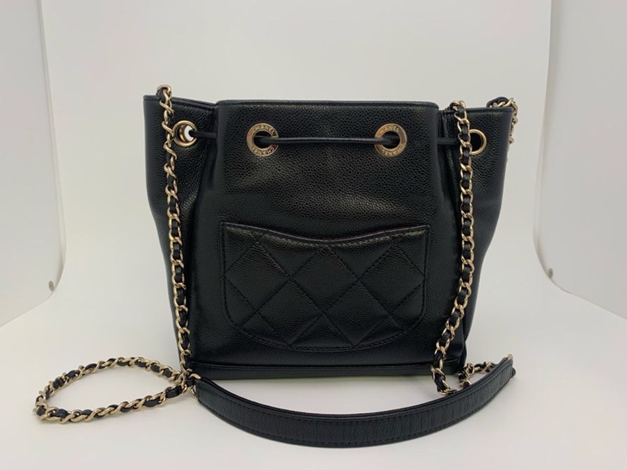 99新Chanel/香奈兒AS2353黑金魚子醬抽繩水桶包 單肩斜挎包 芯片款19*10*19(L)-2