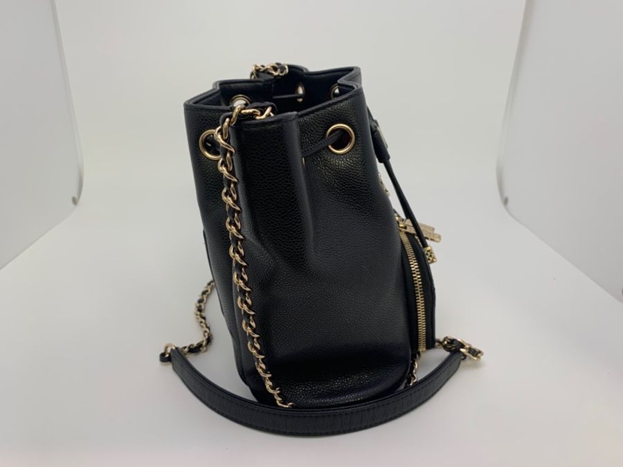 99新Chanel/香奈兒AS2353黑金魚子醬抽繩水桶包 單肩斜挎包 芯片款19*10*19(L)-4