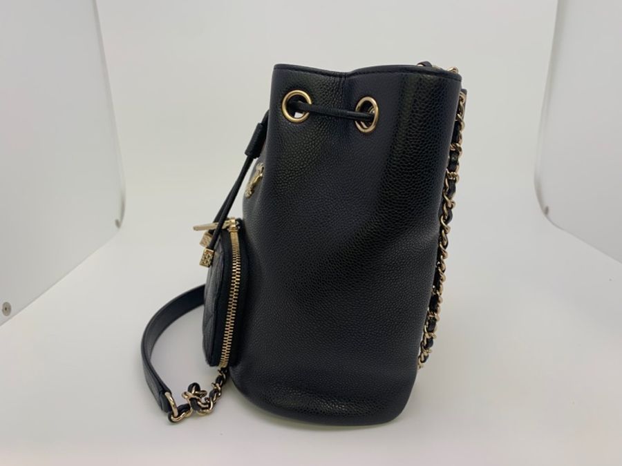 99新Chanel/香奈兒AS2353黑金魚子醬抽繩水桶包 單肩斜挎包 芯片款19*10*19(L)-5