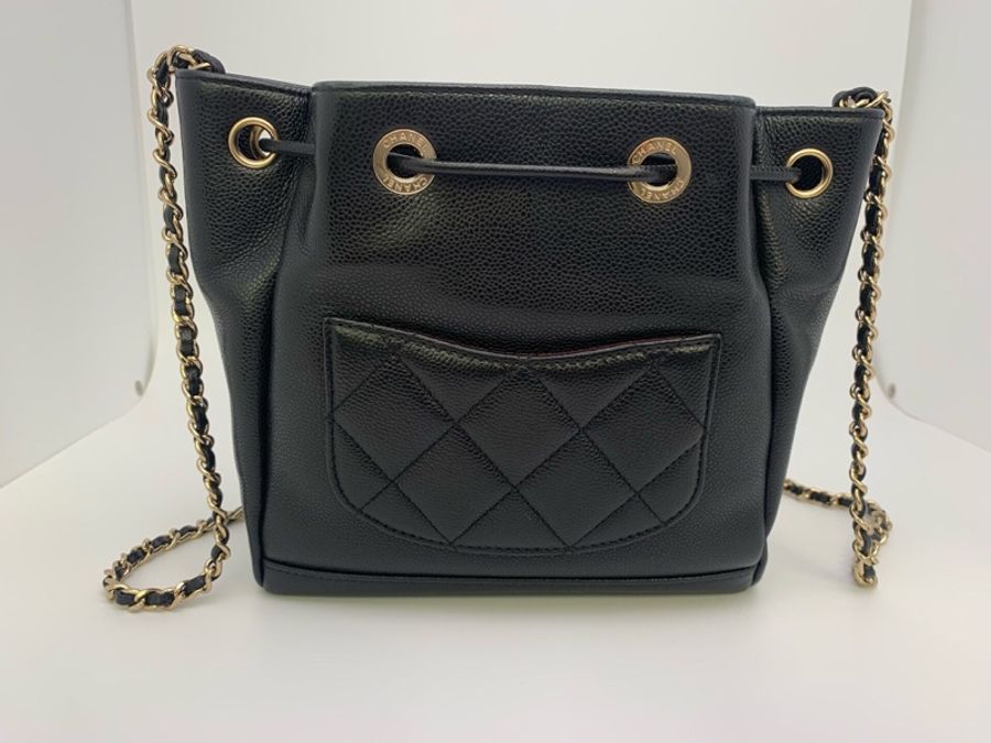 99新Chanel/香奈兒AS2353黑金魚子醬抽繩水桶包 單肩斜挎包 芯片款19*10*19(L)-8
