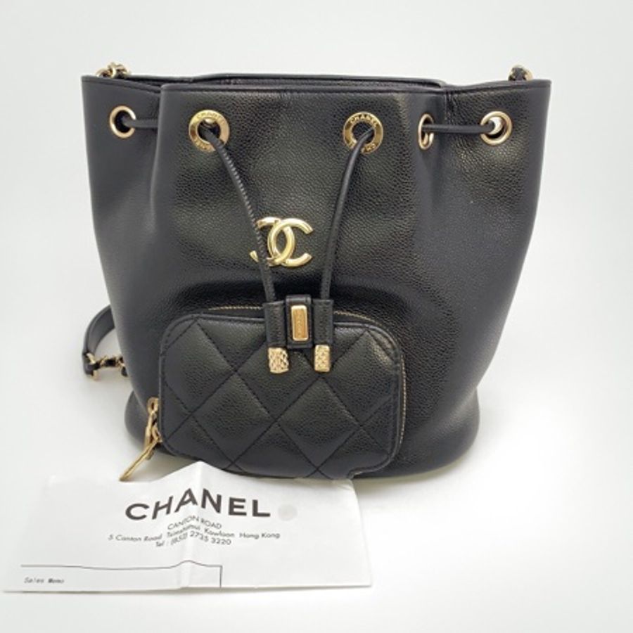 99新Chanel/香奈兒AS2353黑金魚子醬抽繩水桶包 單肩斜挎包 芯片款19*10*19(L)-9