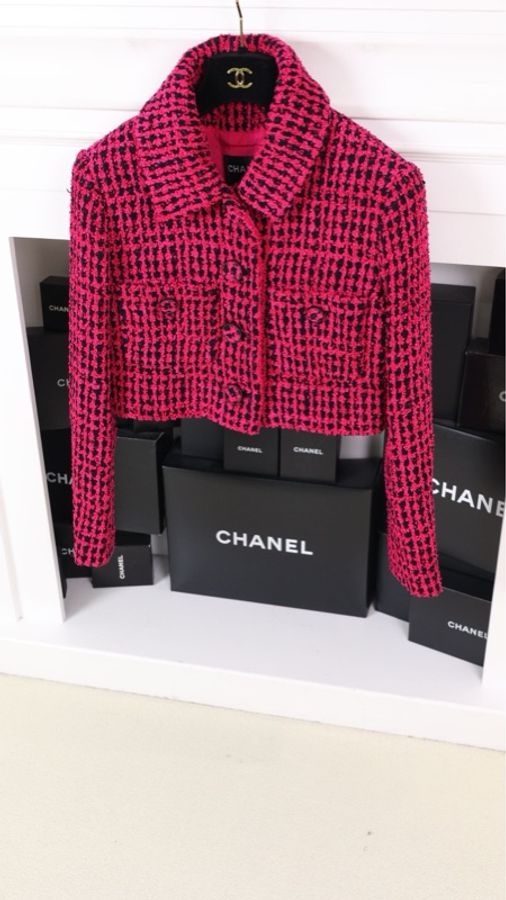 Chanel 16年椅子系列玫红色千鸟格两口袋crop短外套-4