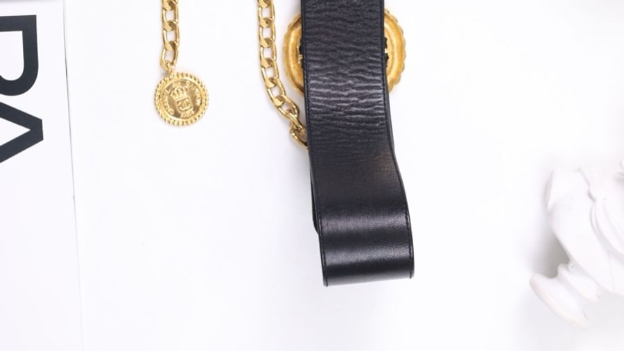Chanel黑金羊皮金链条钱币吊坠宽腰带-10