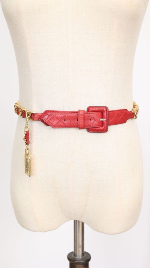 Chanel红金皮穿链logo挂牌腰带-4