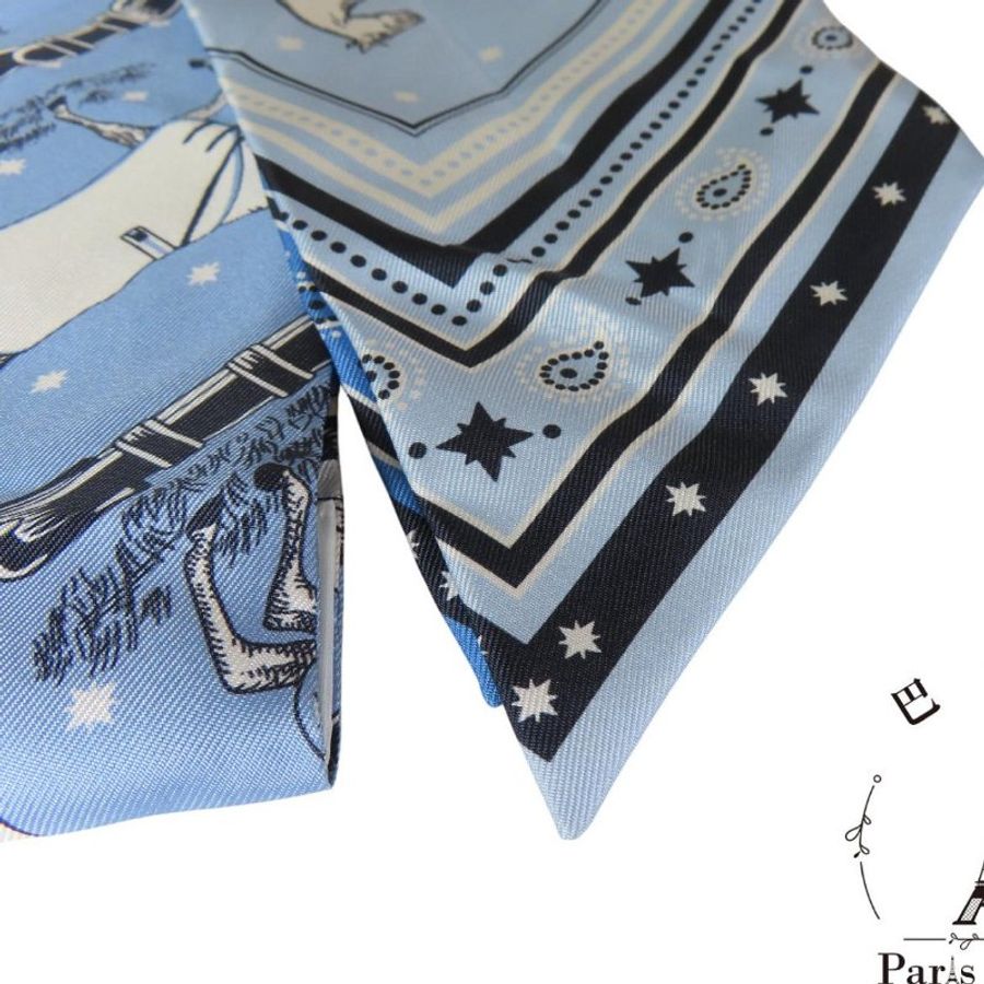 【巴黎站二手名牌專賣店】＊現貨＊HERMES 愛馬仕 真品＊經典 Grand Apparat 藍色盛裝駿馬圖案真絲 Twilly 絲巾-3