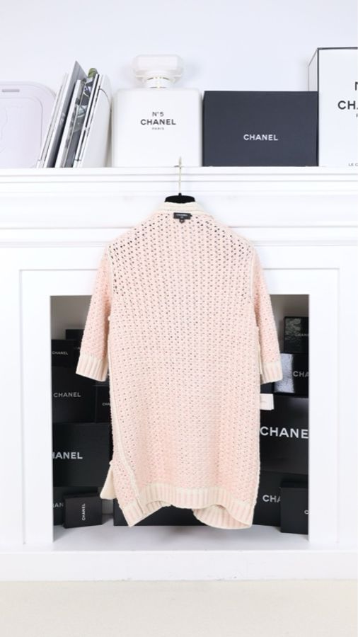 Chanel 18年粉白五分袖腰带两口袋针织开衫-4