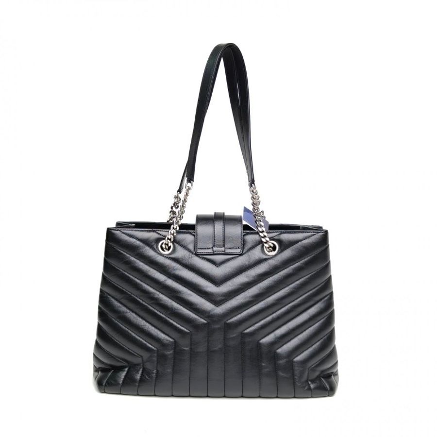 SAINT LAURENT 黑色牛皮革銀扣LOULOU托特Tote手提斜挎包Y縫肩背包-2