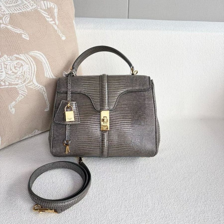 Celine Soft16手提斜背包 小號 蜥蜴皮 灰色金扣 23*19*8 99新配件肩帶 鑰匙*2 鎖 塵袋-1
