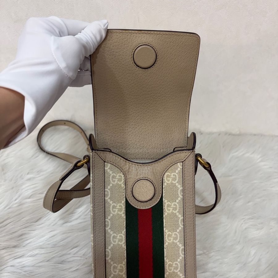 GUCCI 696056 淺卡其色 金釦 綠紅綠 手機包 隨身包 斜背包-29