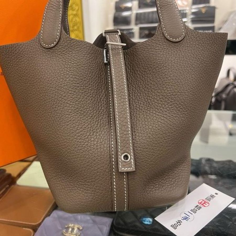 東區正精品㊣HERMES PICOTIN 18cm 愛馬仕大象灰色銀釦水桶袋包菜籃子手提包 Z刻 RZ6560-1
