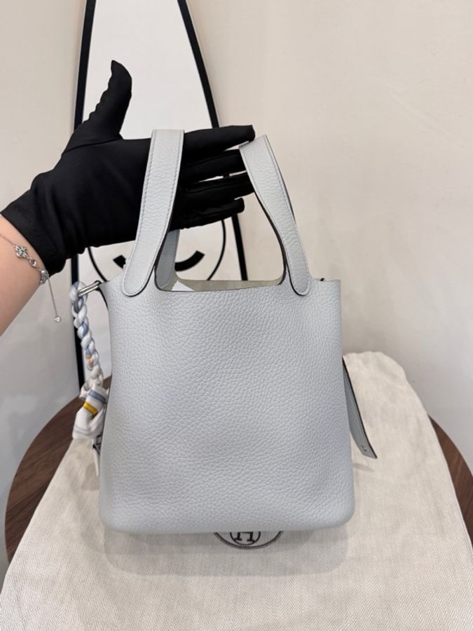愛馬仕Hermes 菜籃子聖杯藍18 tc皮 銀扣 W刻有票，送絲帶-2