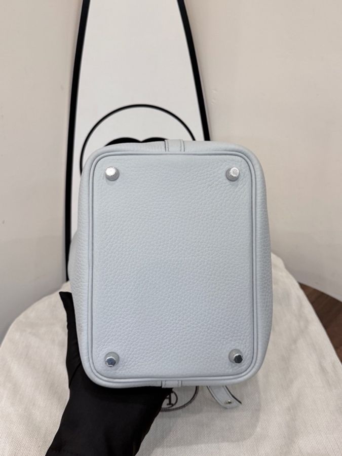 愛馬仕Hermes 菜籃子聖杯藍18 tc皮 銀扣 W刻有票，送絲帶-3