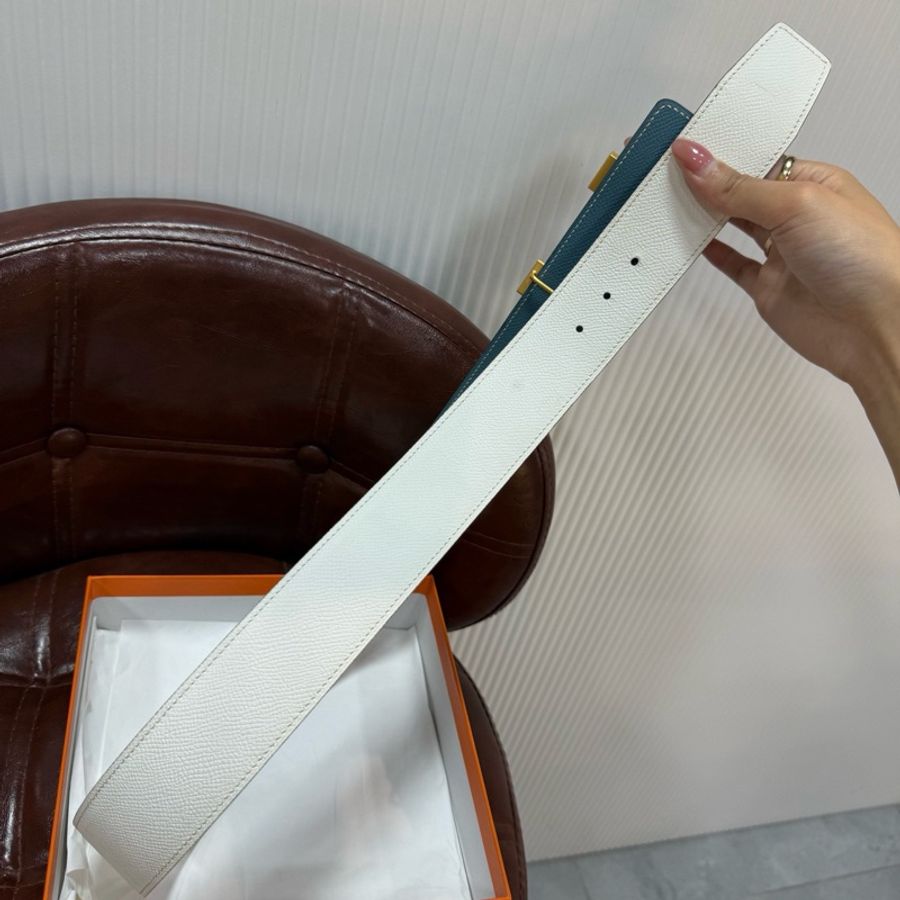 HERMES  愛馬仕 H 大金頭皮帶/腰帶 尺碼85/4.2cm 白色/藍色 雙面可戴-8