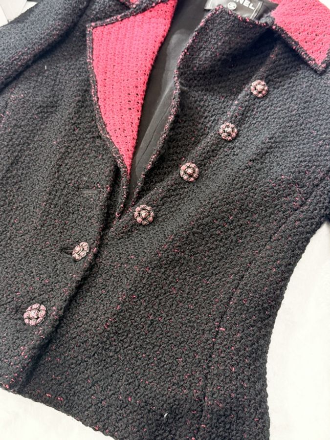 CHANEL 黑紅撞色粗花呢翻領外套-5