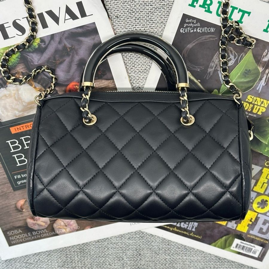 Chanel/香奈兒 黑金亞克力手柄保齡球包25C手提包斜背包 芯片款 19cm-1