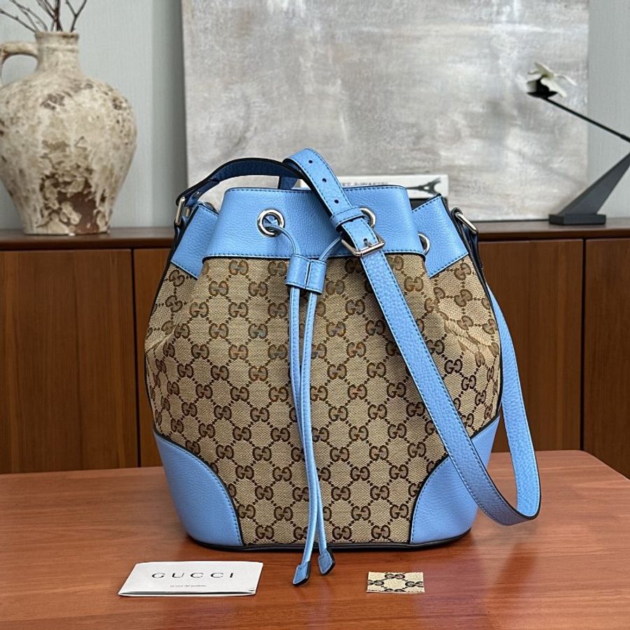 GUCCI 藍色拼老花抽繩肩背斜背水桶包23*29*16 98新配件塵袋-1