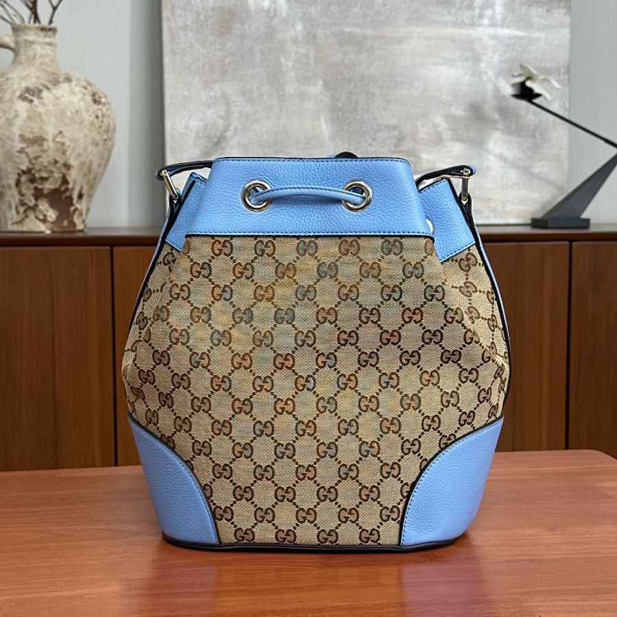 GUCCI 藍色拼老花抽繩肩背斜背水桶包23*29*16 98新配件塵袋-6