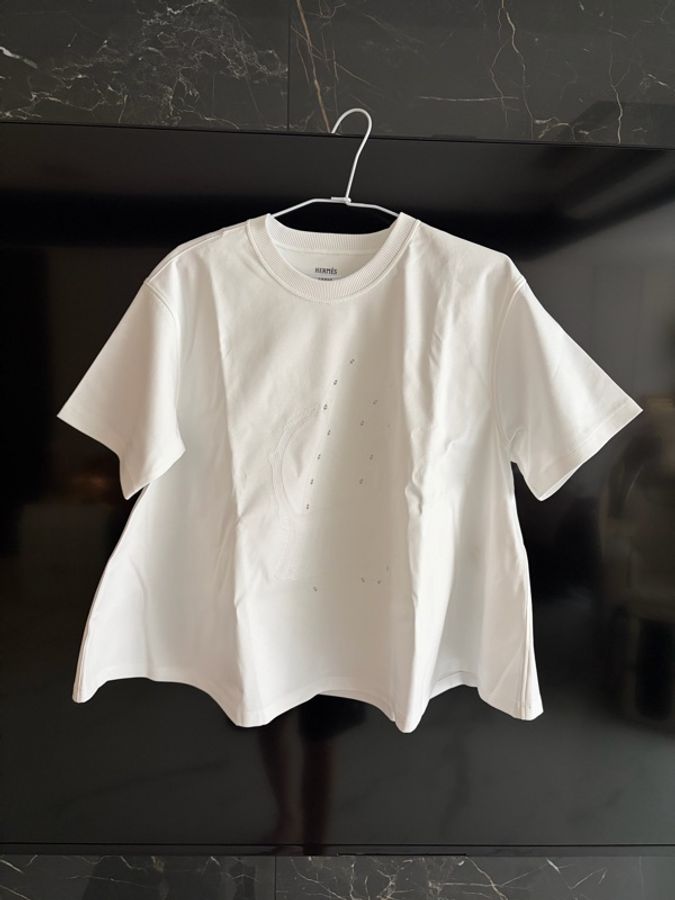 Hermes 100% 純棉傘狀白色刺繡上衣-1