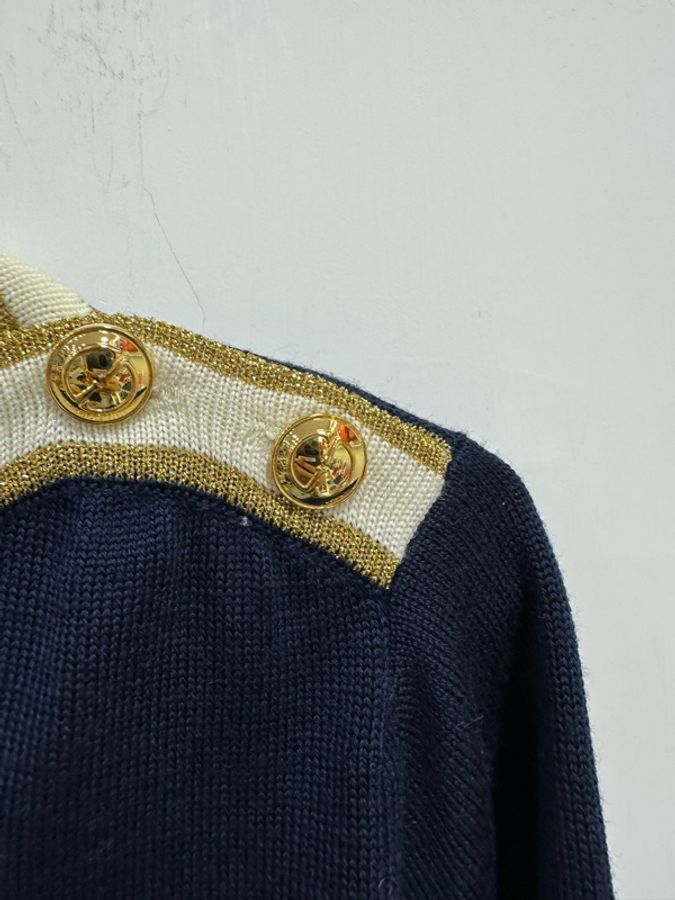 Gucci 海軍藍一字扣領針織衫 雙G金扣 年輕百搭 S碼-2