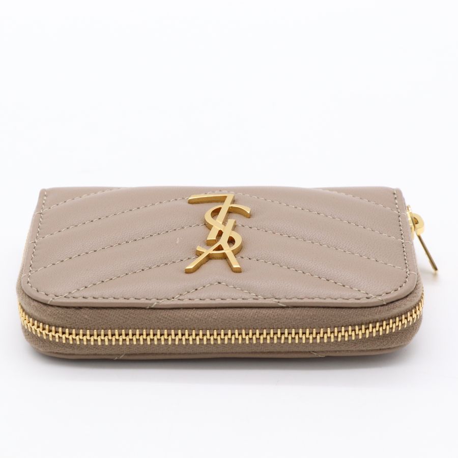 YSL 灰褐色 羊皮 山型紋 拉鍊ㄇ字 卡夾 零錢包-3