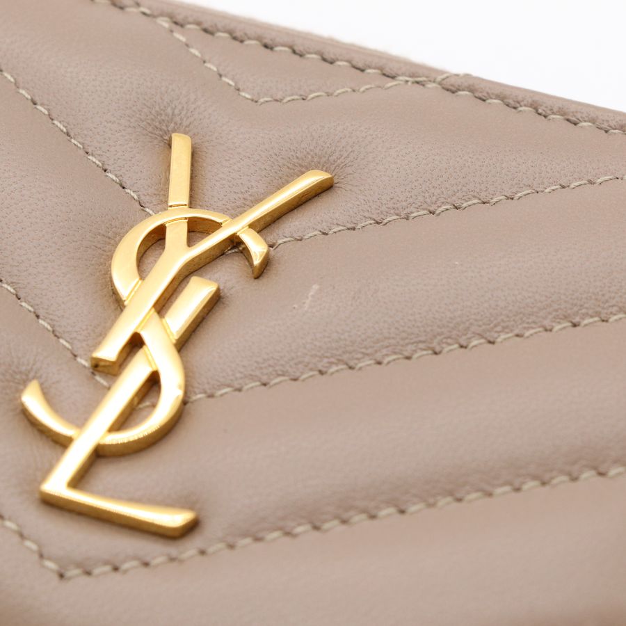 YSL 灰褐色 羊皮 山型紋 拉鍊ㄇ字 卡夾 零錢包-7