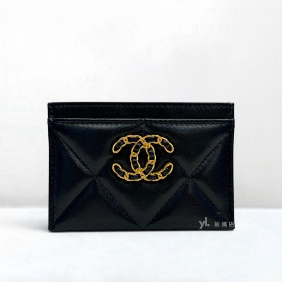 S3091-CHANEL 19皮穿鍊金釦黑色羊皮扁式名片夾AP1167-1
