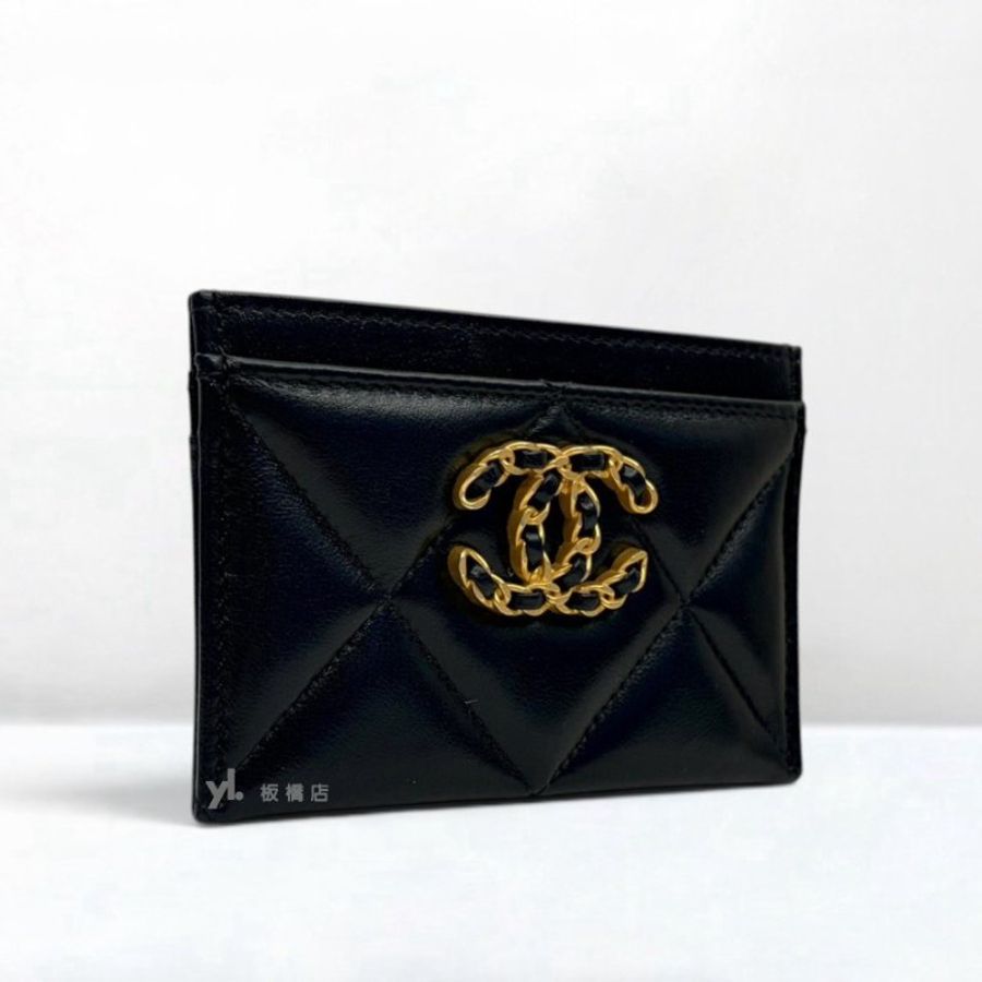 S3091-CHANEL 19皮穿鍊金釦黑色羊皮扁式名片夾AP1167-3