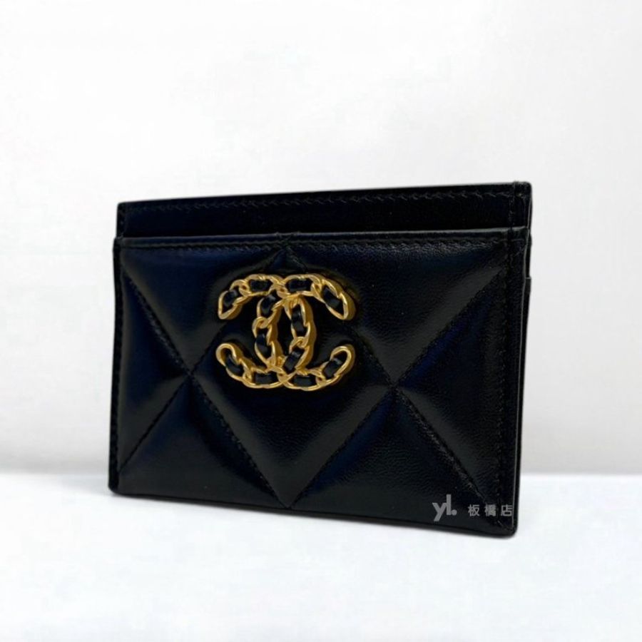 S3091-CHANEL 19皮穿鍊金釦黑色羊皮扁式名片夾AP1167-4