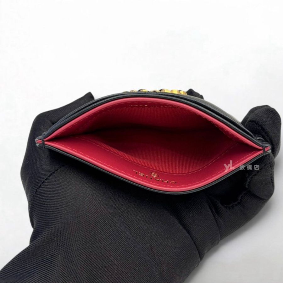S3091-CHANEL 19皮穿鍊金釦黑色羊皮扁式名片夾AP1167-6