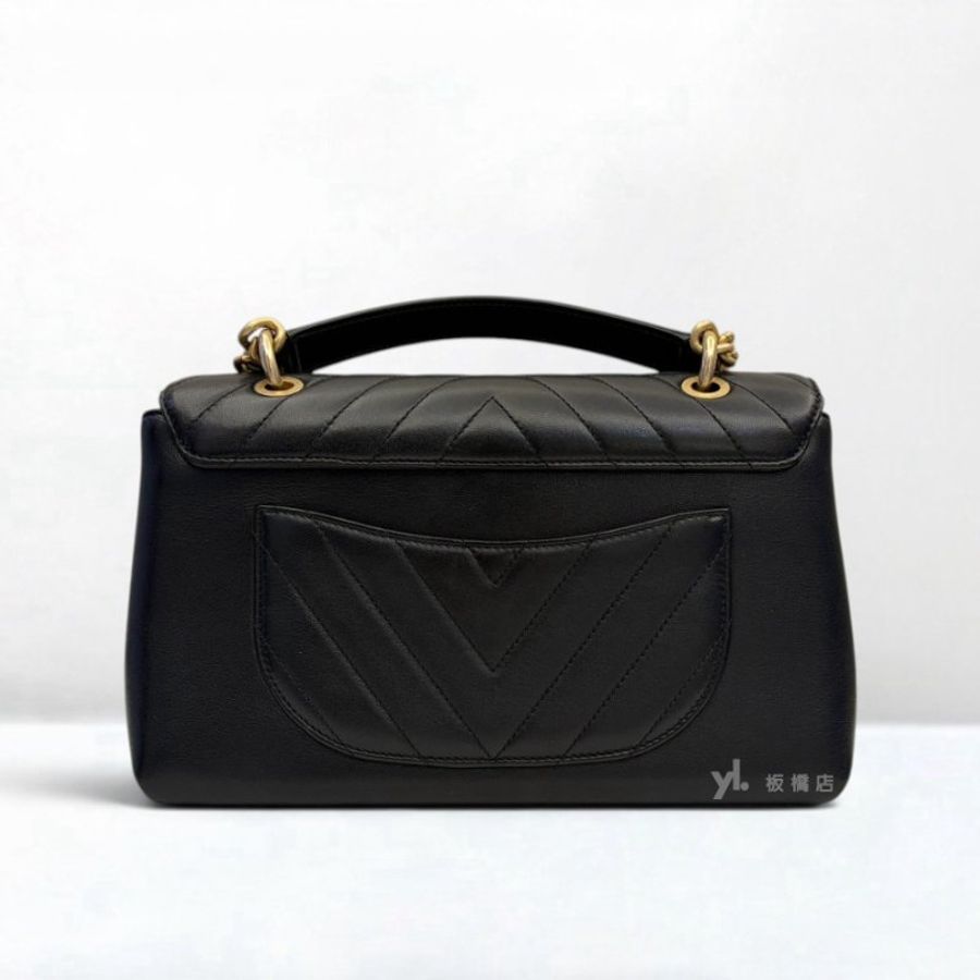 S3636-CHANEL 黑羊皮山型紋霧金釦皮穿鏈飾邊下蓋手提側背包 A91845-1
