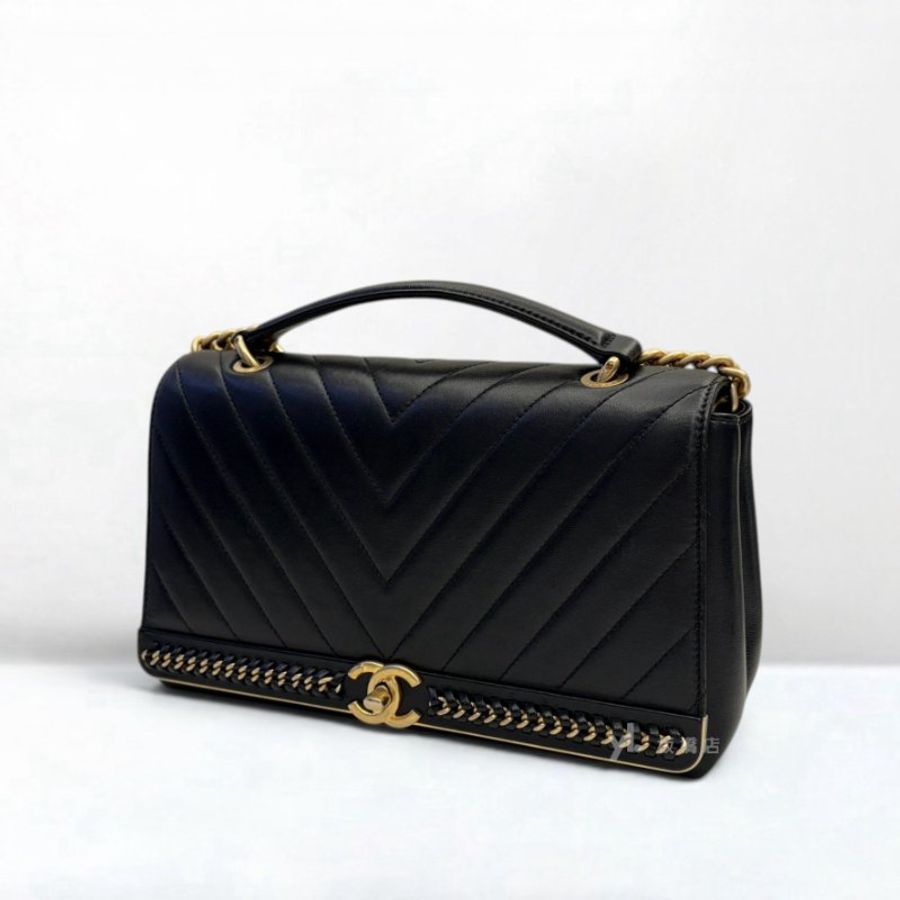 S3636-CHANEL 黑羊皮山型紋霧金釦皮穿鏈飾邊下蓋手提側背包 A91845-3