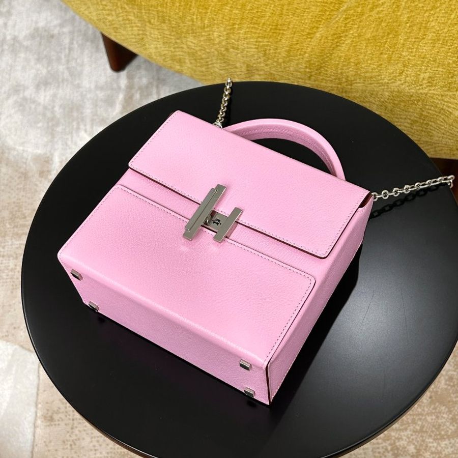 HERMES 錦葵紫銀扣Cinhetic18 盒子手提肩背斜背包 18*17*8.5cm 98新配件塵袋-3