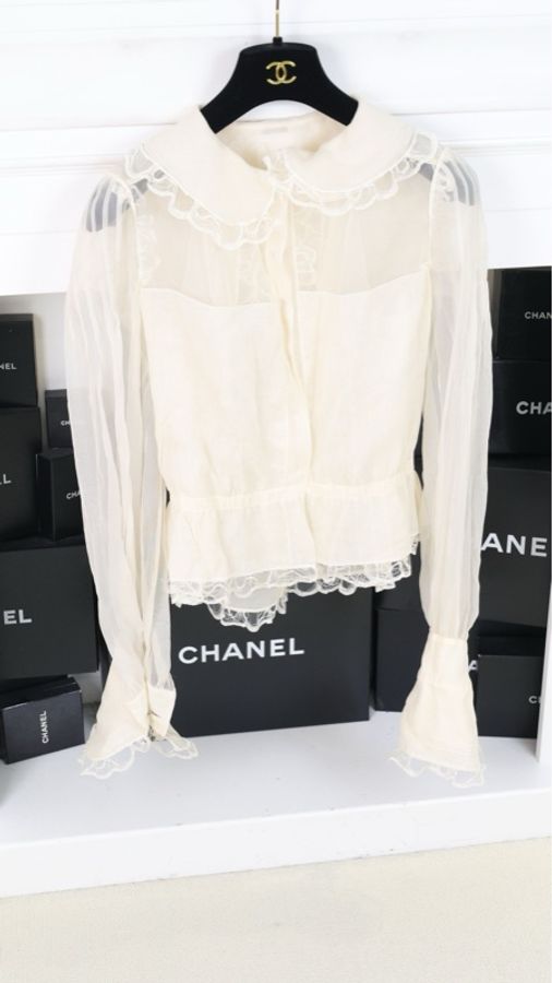 Chanel 08年高级手工坊系列奶白色重工蕾丝花边长袖衬衫-3