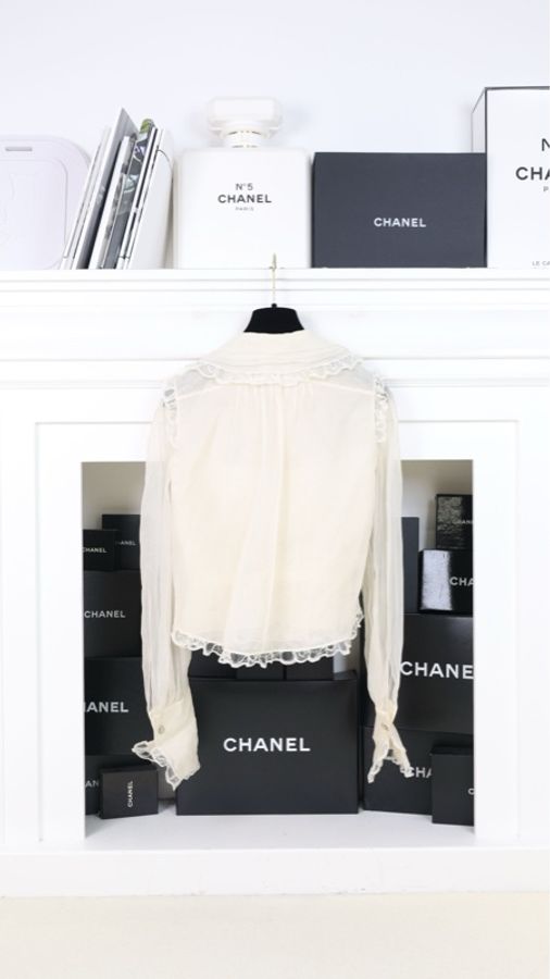 Chanel 08年高级手工坊系列奶白色重工蕾丝花边长袖衬衫-5