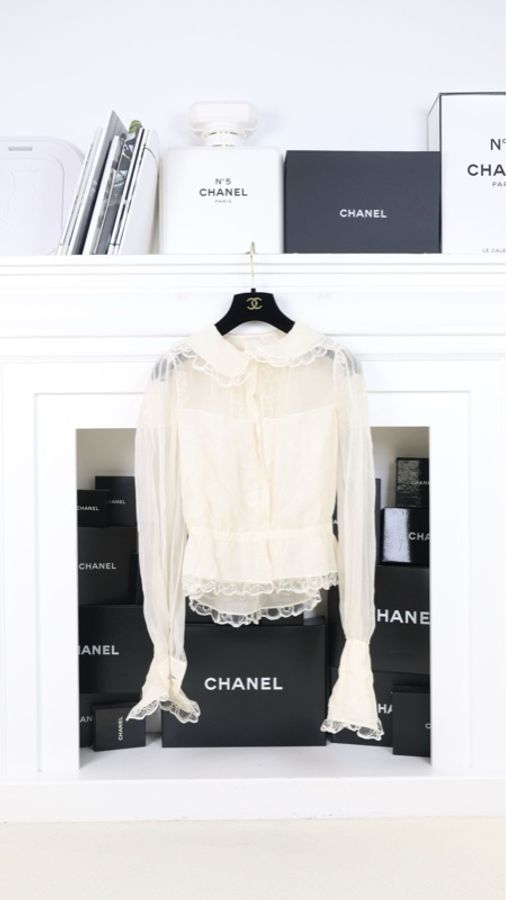 Chanel 08年高级手工坊系列奶白色重工蕾丝花边长袖衬衫-6