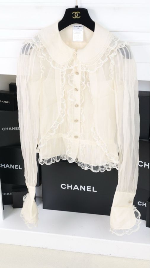 Chanel 08年高级手工坊系列奶白色重工蕾丝花边长袖衬衫-8