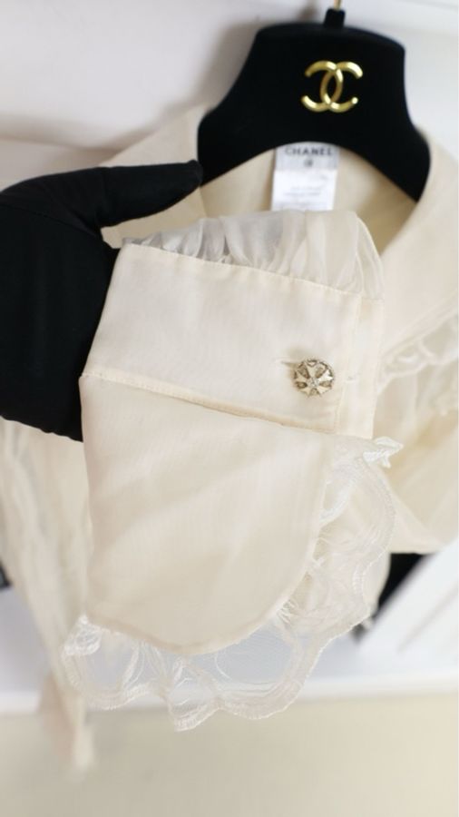 Chanel 08年高级手工坊系列奶白色重工蕾丝花边长袖衬衫-13