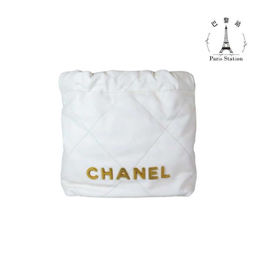 【巴黎站二手名牌專賣店】＊現貨＊CHANEL香奈兒真品＊ AS3980 白色菱格金LOGO MINI 22BAG 金鍊兩用斜背包v-0