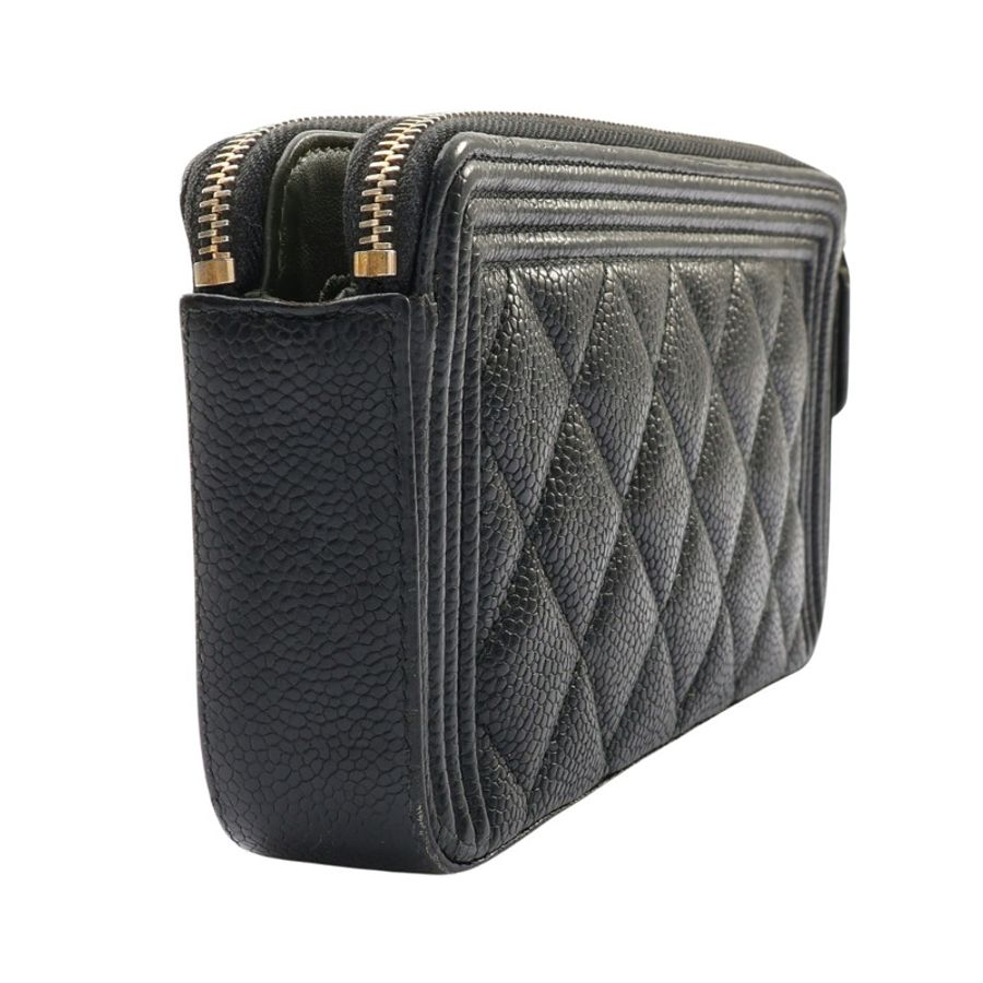 CHANEL 香奈兒 Boy Double Zip WOC 鍊帶包 肩背包 黑色 荔枝紋牛皮 A84069-1