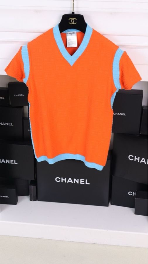 Chanel 02年运动方标系列橘蓝拼色短袖上衣-5