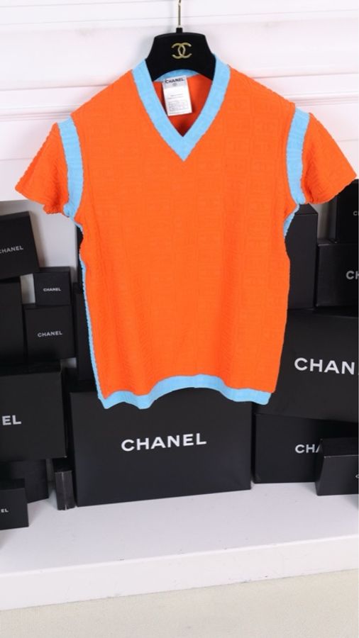 Chanel 02年运动方标系列橘蓝拼色短袖上衣-7