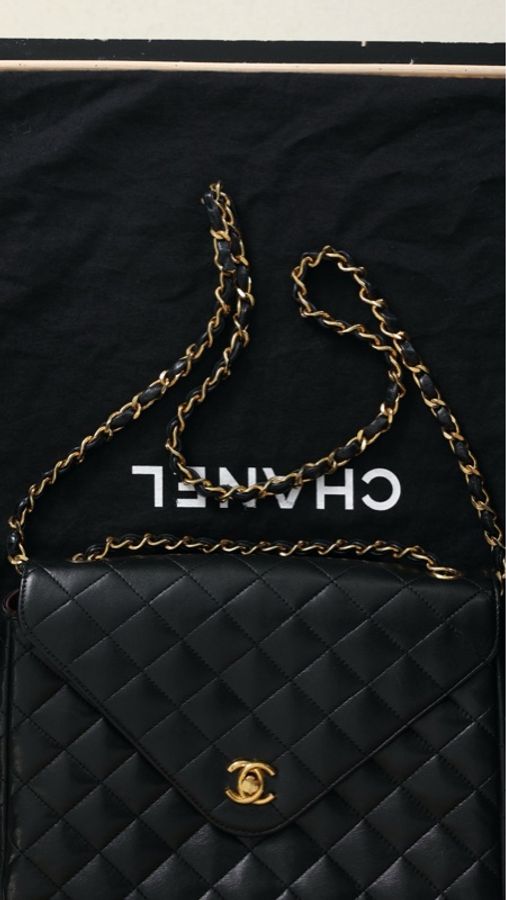Chanel黑金牛皮书包扣菱格纹翻盖信封包单肩包-2