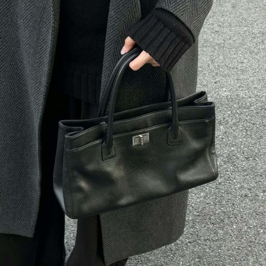 CHANEL 黑銀2.55荔枝牛 子母手提托特包  36*23*14 98新配件塵袋-2