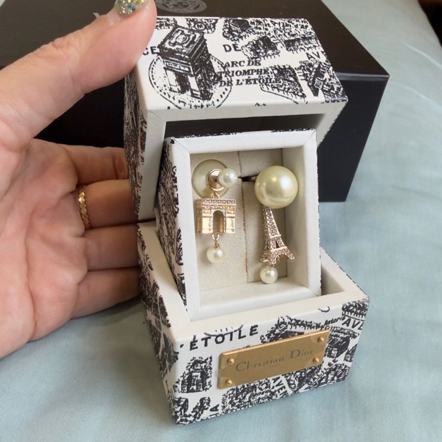 Dior 巴黎限定 艾菲爾鐵塔+凱旋門 針式耳環+原裝禮盒-0
