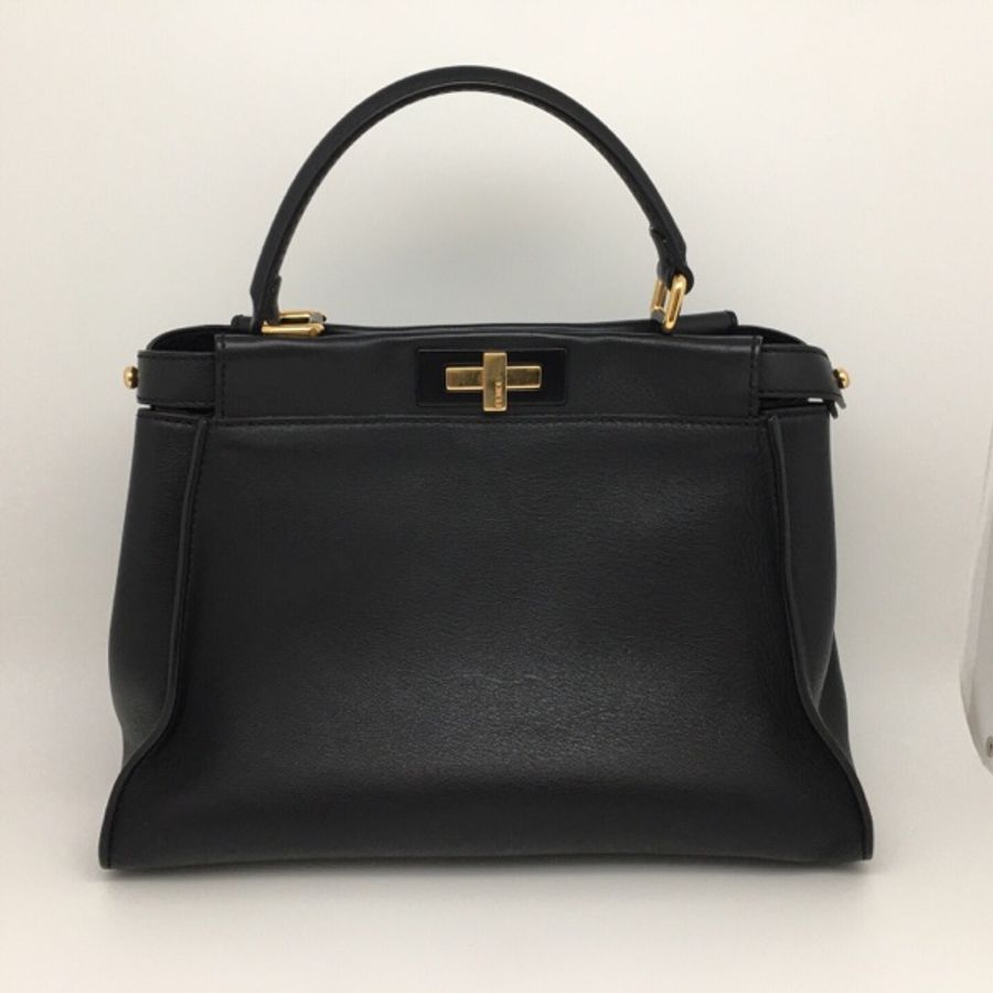 芬迪/Fendi  peekaboo中號 黑色光面牛皮金扣 手提單肩用兩包 33*25.5*10-9